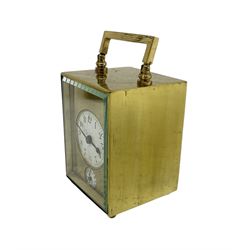Petite French carriage clock - early 20th century timepiece movement with an alarm sounding on a bell, circular enamel dial with a brass mask, Arabic numerals, minute markers, spade hands and conforming alarm setting dial beneath, going barrel movement with a lever platform escapement, wound and set from the rear, with original leather travel case and key, 