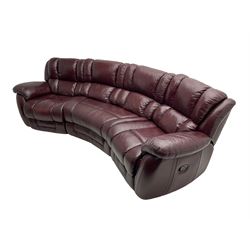 La-Z-boy - large three seat curved sofa, fitted with with end recliners, upholstered in maroon leather