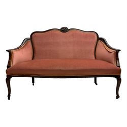 Late 19th century mahogany framed two seat settee, shaped and moulded cresting rail carved with shell cartouche, on cabriole front supports with castors