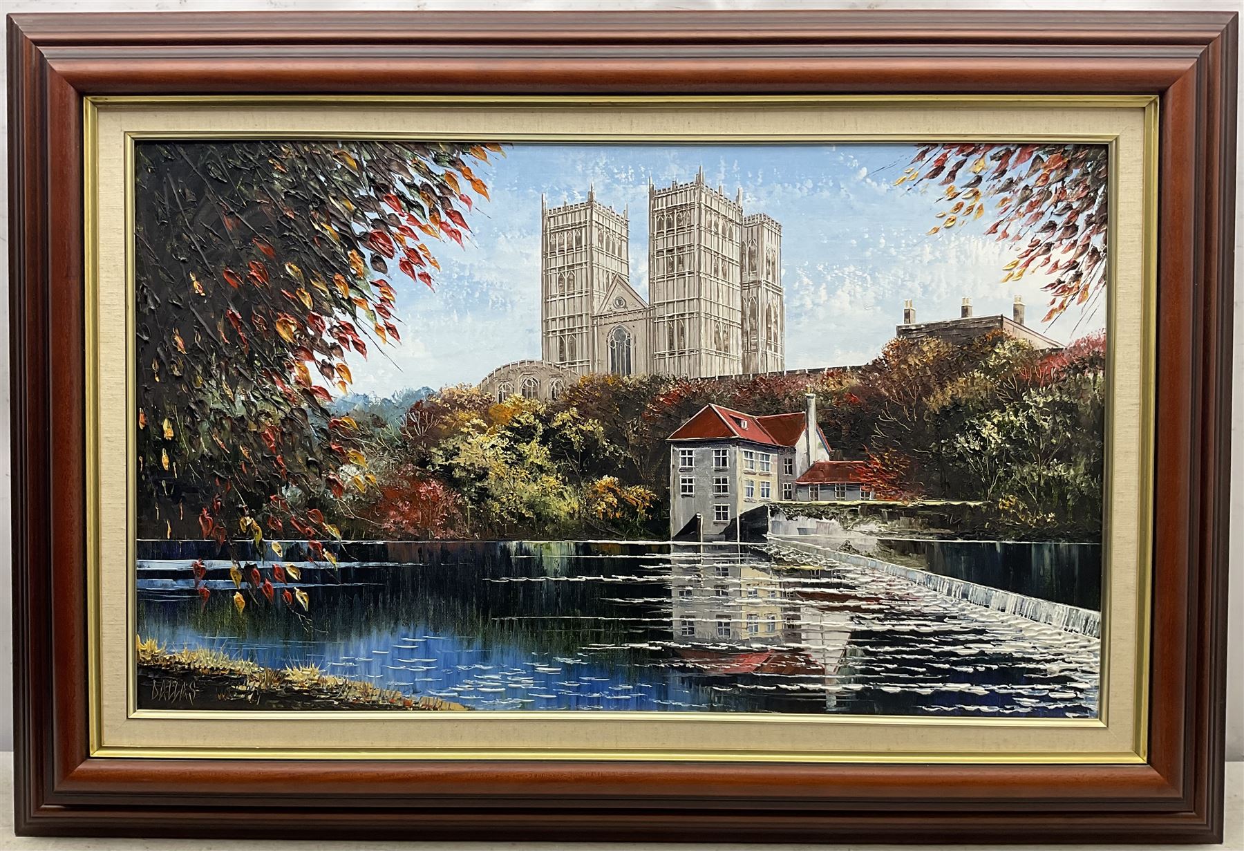 Dallas K Taylor (British 1941-2011): Durham Cathedral from the River, oil on canvas board signed 44cm x 75cm 
