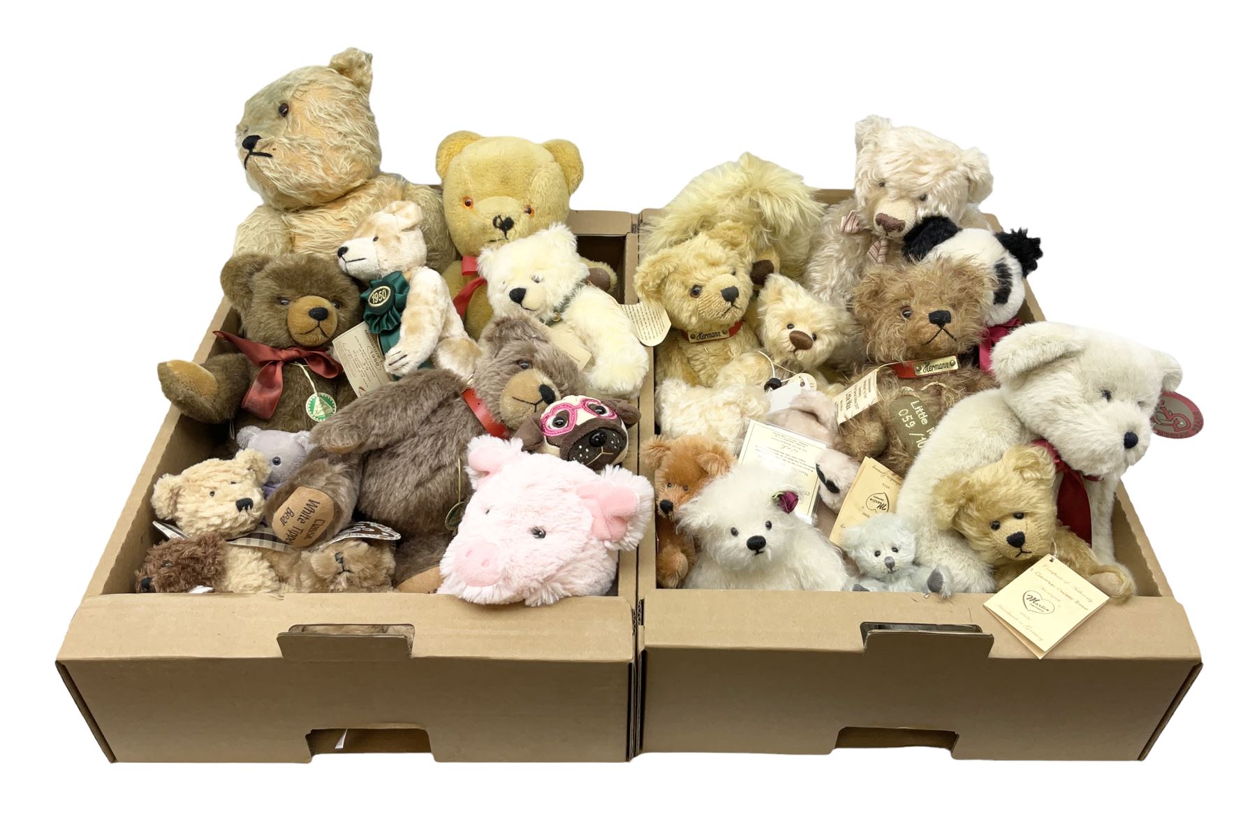 Quantity of teddy bears, predominantly Hermann examples, to include limited edition examples, Little Hilde, Classic Panda Bear, A Handful of Joy, etc, together with Merrythought bear, Martin Germany bears, bear with growler etc in two boxes