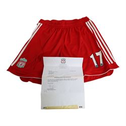 Pair of signed match worn Liverpool Football Club shorts, worn by Alvaro Arbeloa during a ...