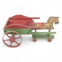 1940's scratch built pull-along wooden horse and cart, white horse with green base and red...