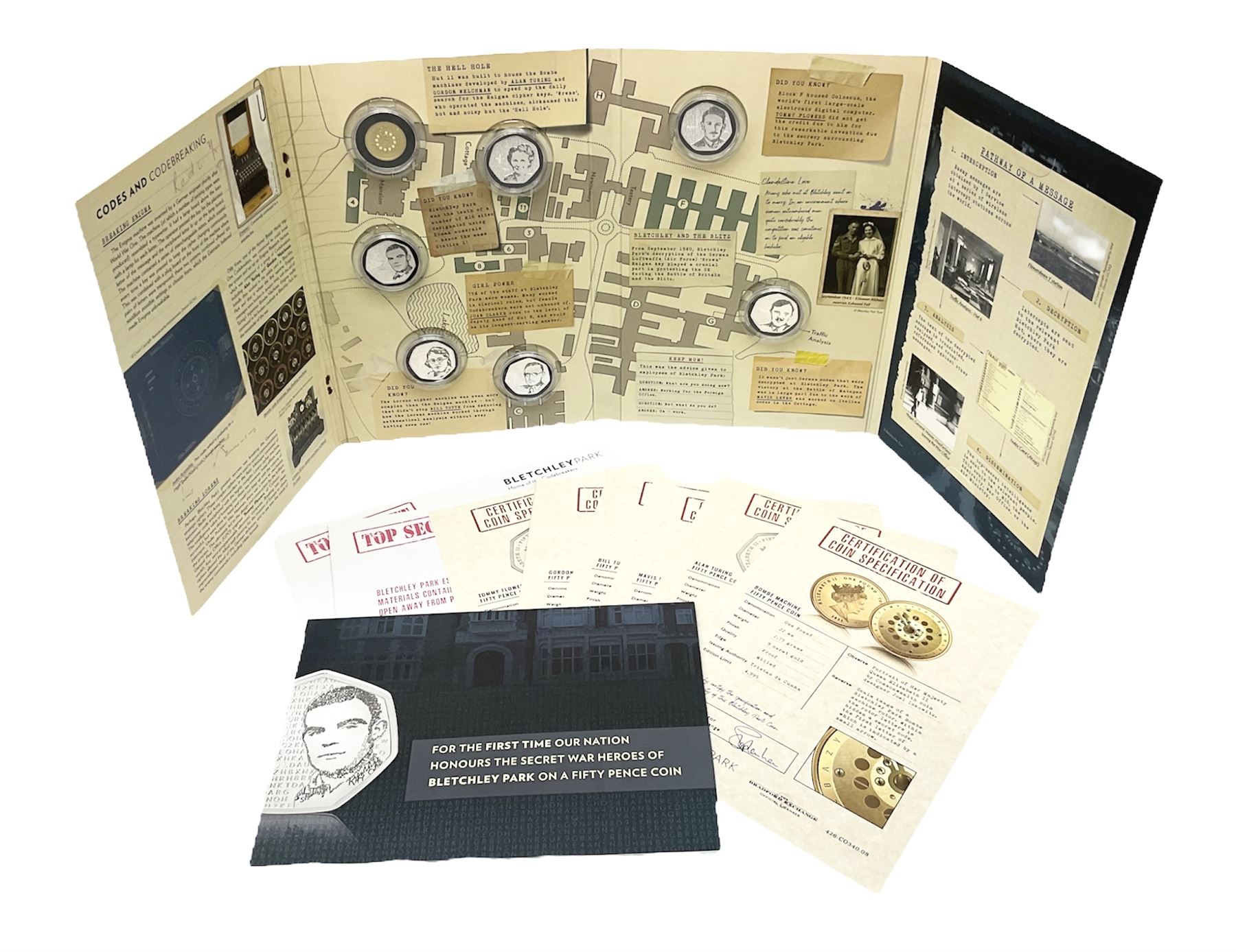 Queen Elizabeth II Tristan Da Cunha 2021 Bletchley Park seven coin set, including 'Bombe Machine' 9ct gold coin weighing 2.75 grams, housed in a presentation folders with certificates
