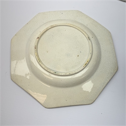 An early Victorian earthenware frog or surprise mug, decorated with printed and overpainted figural panels, H11cm, together with a 19th century child's plate detailed with a figural scene and inscribed Father Matthew administering the total abstinence pledge, 17.5cm, and a Staffordshire flat back figure seated upon a horse, H33cm. 