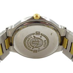 Longinges Flagship quartz two tone stainless steel bracelet wristwatch No. L5 651 3, with date aperture, boxed with papers and additional link