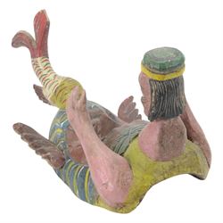 Carved folk art mask, modelled as a merman, hand painted, H50cm 