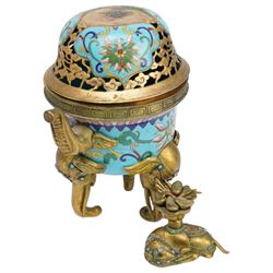 Pair of Chinese 20th century cloisonne Tang style horses with removeable saddles H35cm and a cloisonne and gilt metal koro