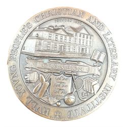 Silver perfect attendance medal for Hull Education Committee, bronze medallion for Hull Young Peoples Christian and Literary Institute and a guild of building medallion, all cased