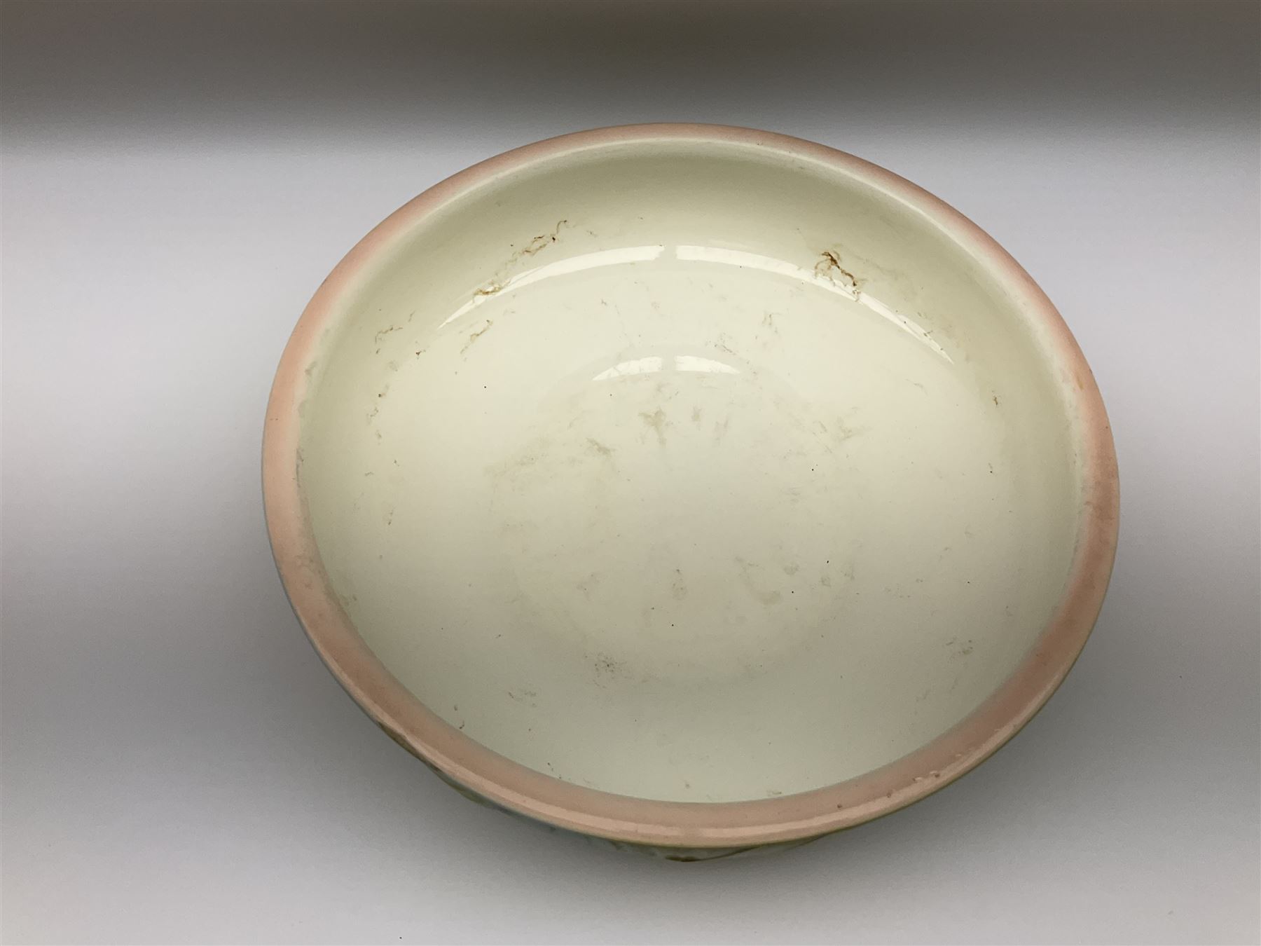 Wash jug and bowl with merging pink, green and blue decoration, bowl D40cm