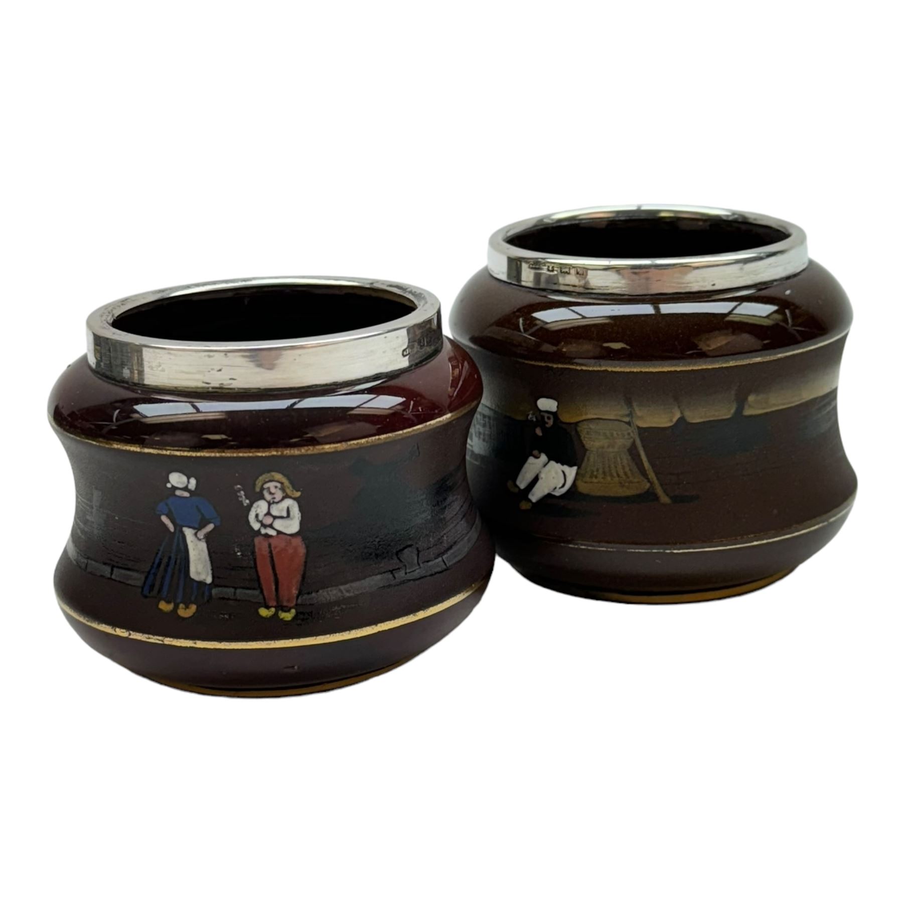 Taylor Tunnicliffe & Co silver mounted seven piece tea service, hallmarked Harold Bushell & Co Ltd, Birmingham 1908 (and other dates), together with a similar example and three silver plate mounted examples (11)