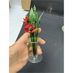 Two Murano glass clowns, together with similar glass figures, including cockerels and fish