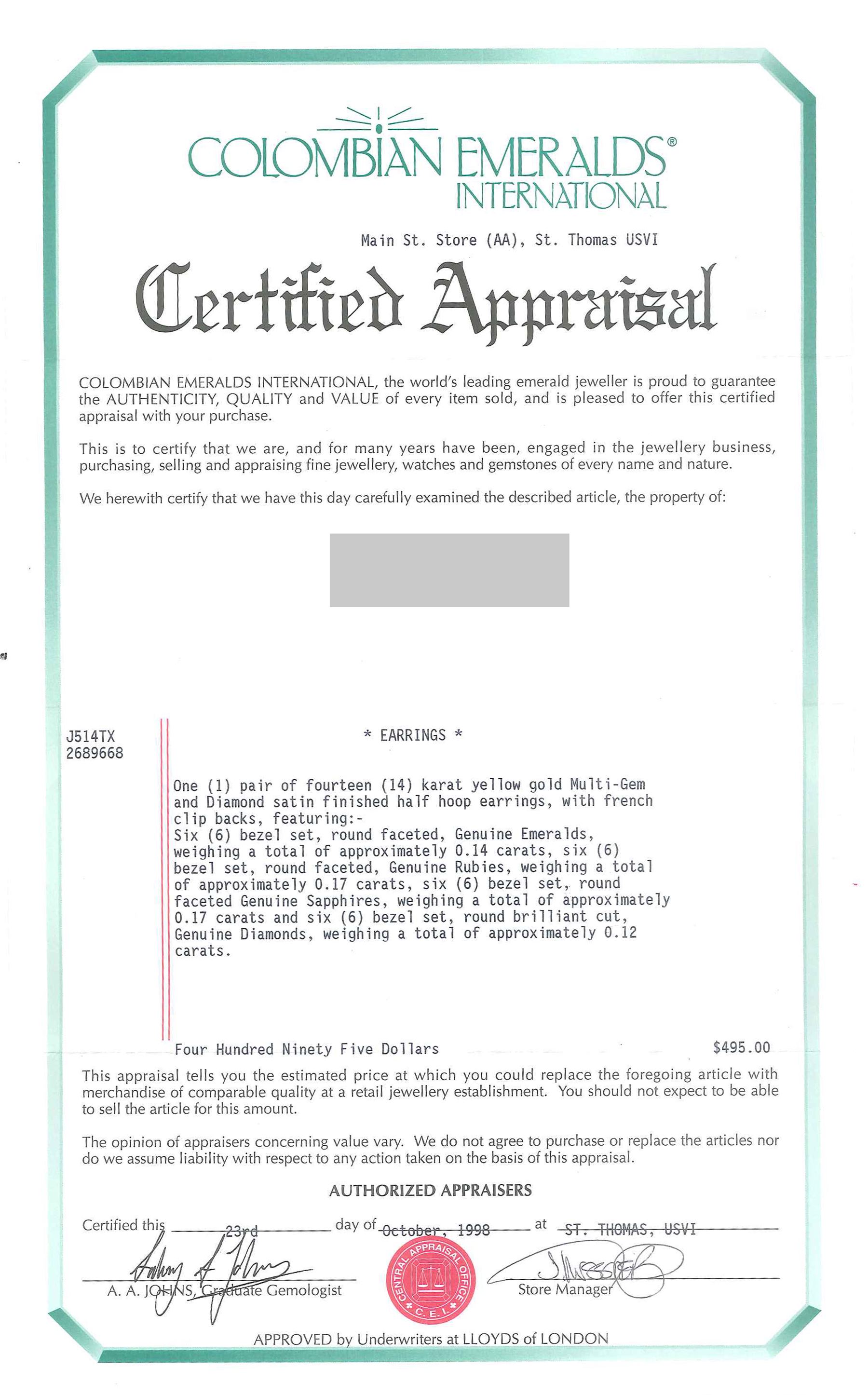 Pair of 14ct gold emerald, ruby, sapphire and diamond half hoop earrings, in satin gold finish by by Colombian Emeralds International, boxed with certificate 