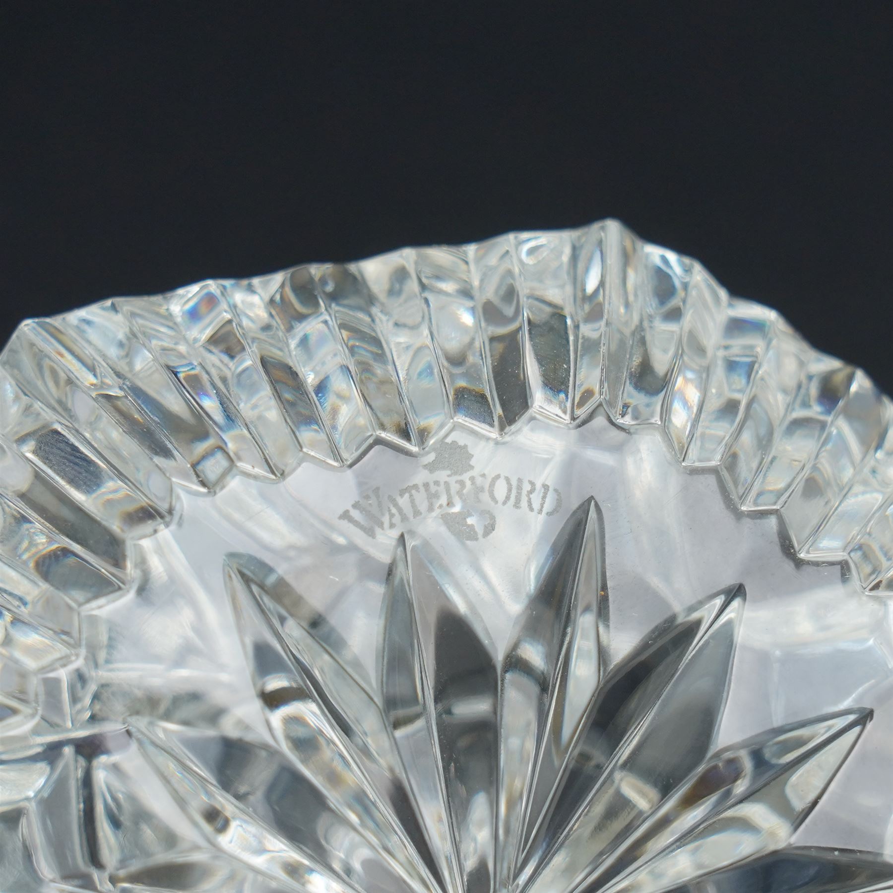  Waterford glass items including pair of Lismore pattern candlesticks H16cm, Makefield pattern photograph frame 12cm x 10cm, cone shape octagonal paperweight and a finger bowl