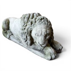 Pair of cast stone seat lions, male and female figure, and a miniature pair of cast stone lions