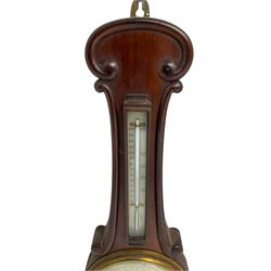 Early 20th century aneroid barometer c1910 in a scroll carved mahogany case with a silvered dial, brass bezel and flat glass, reading barometric pressure from 28-31 inches with weather predictions, steel indicating hand and brass recording hand, with a surface mounted boxed mercury thermometer recording the ambient temperature in degrees Fahrenheit.   