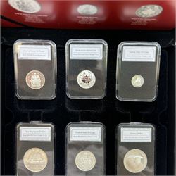 'The Canada 150 Historic Silver Coin Set', comprising King George V 1935 one dollar, Queen Elizabeth II 1962 ten cents, 1964 fifty cents, 1967 one dollar, 2000 fifty cents and 2017 three dollars, housed in a display case with information sheet
