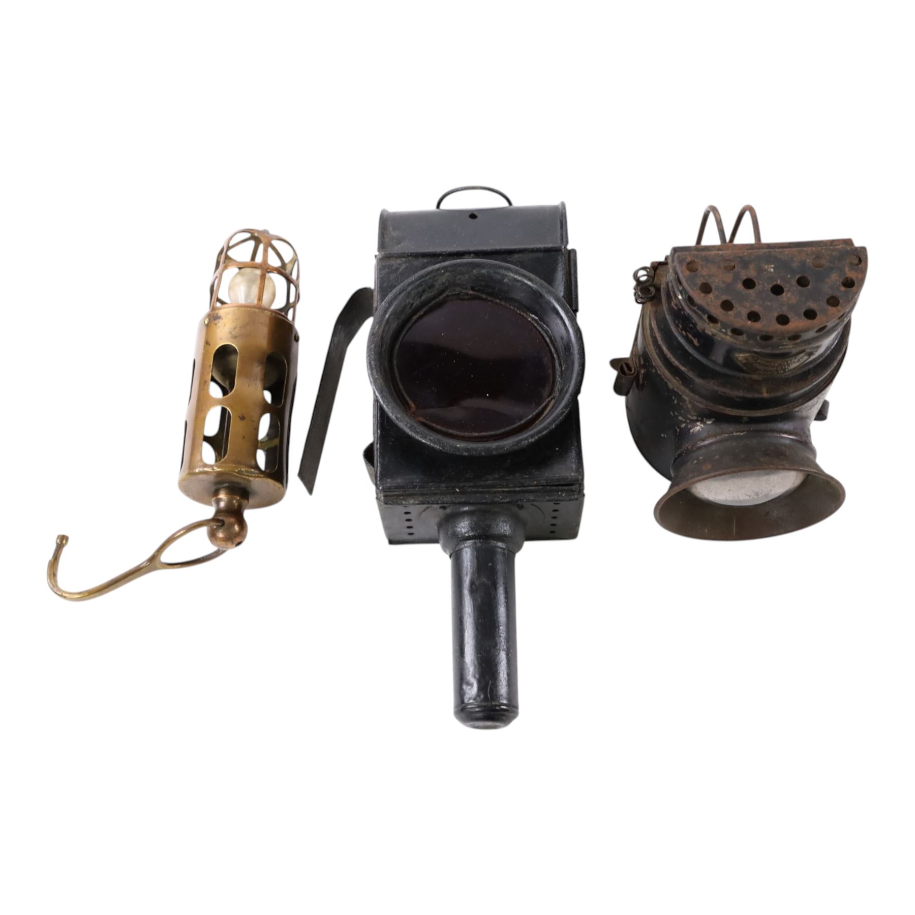 Inspection lamps and similar, including hanging brass engine inspection light, railway signal lollipop lamp, railway lantern, Sentinel paraffin heater, Ceag inspection lamp and a Crescent lamp
