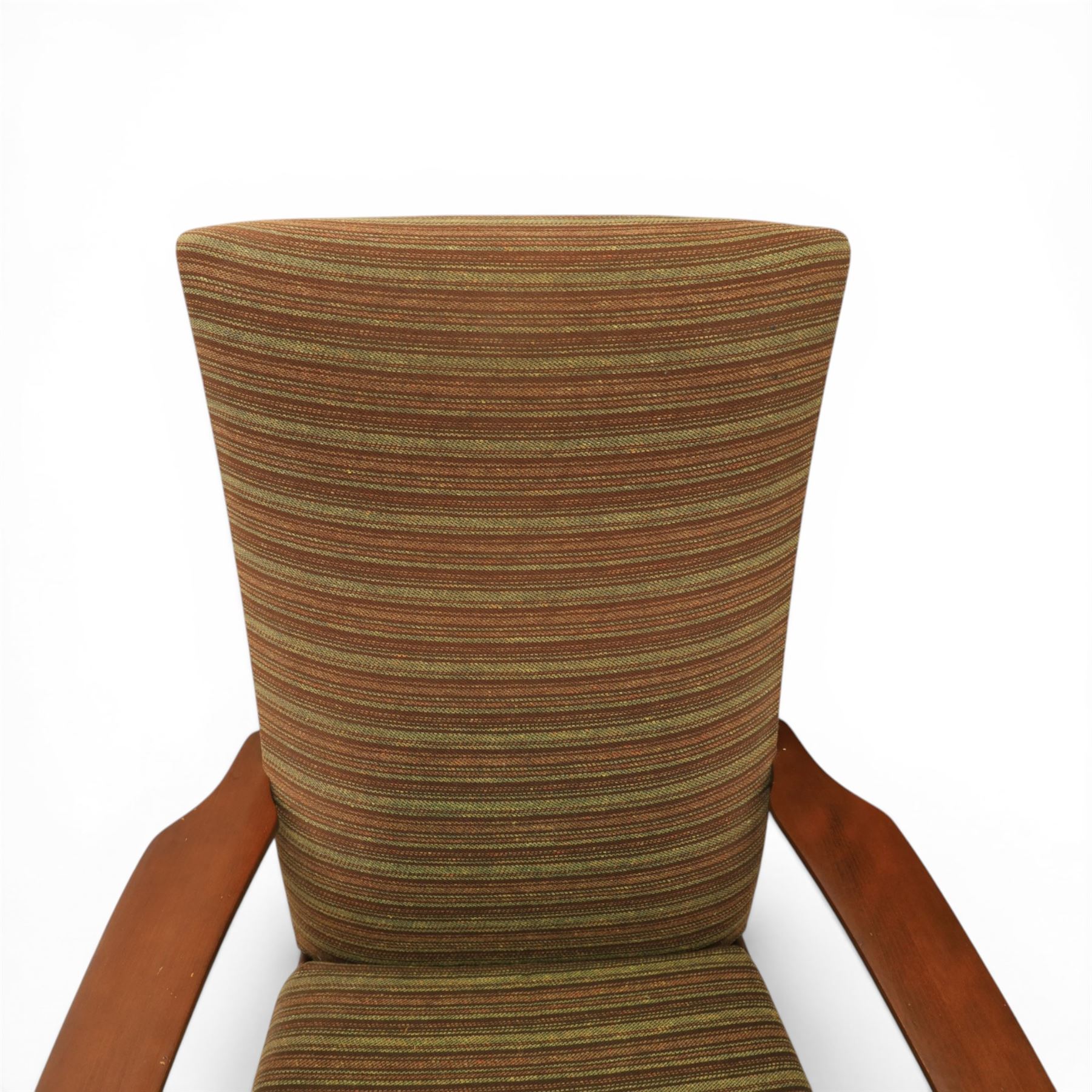 Parker Knoll - 'PK 988' open armchair, with teak frame, upholstered in a striped fabric, raised on tapering supports, the loose seat cushion supported on elasticated webbing 