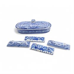 Pair of early 19th century Enoch Wood 'Grapevine Border Series' blue and white knife rests, another pair in the Willow pattern, Victorian T G Booth Indian Ornament razor box and cover and Wedgwood 'Fallow Deer' pattern coffee pot, cream jug, sugar bowl and cover and a coffee can and saucer