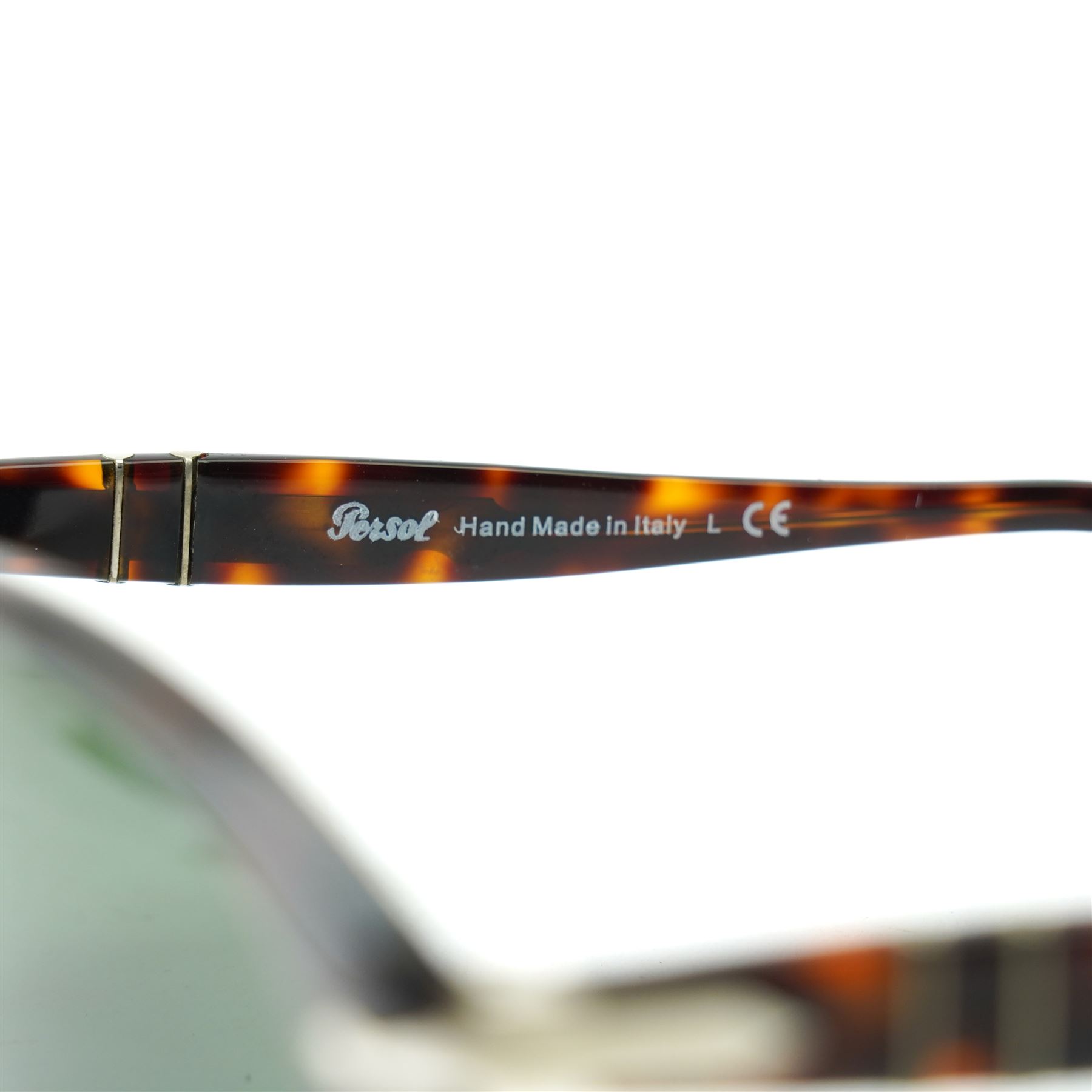 Persol tortoiseshell acetate sunglasses, handmade in Italy, with dark green lenses, signature silver-tone arrow hinges and keyhole bridge, temple interiors stamped Persol and CE marks, together with original Persol case and cloth