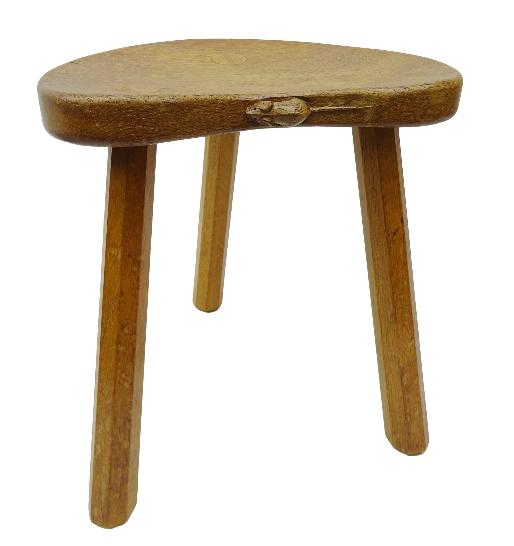 'Mouseman' three legged Cow Stool, shaped rectangular adazed top