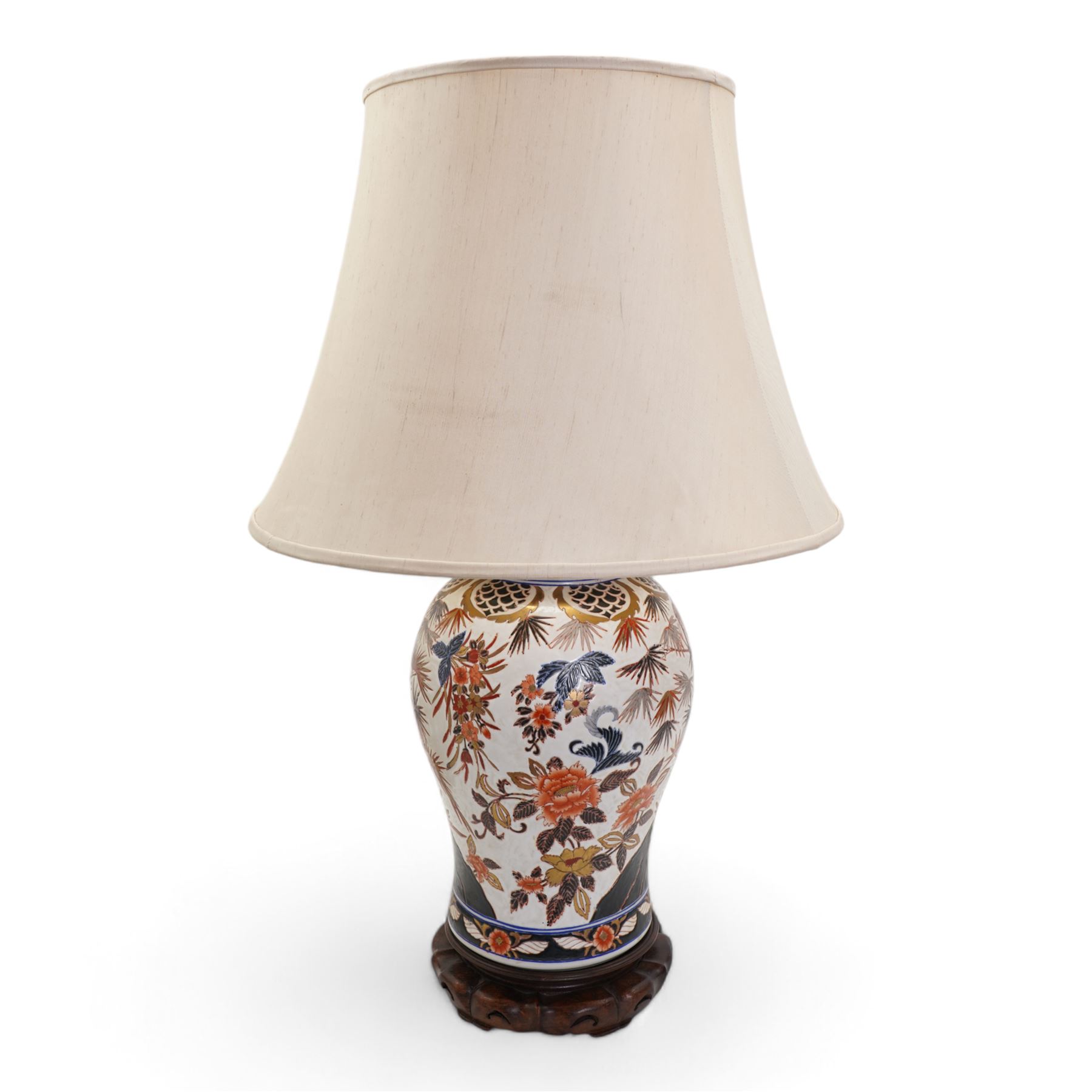 Large Chinese baluster form table lamp, modelled as a vase and cover and painted with bamboo, flowers and rockwork, on hardwood base with shade H54cm, excluding fitting