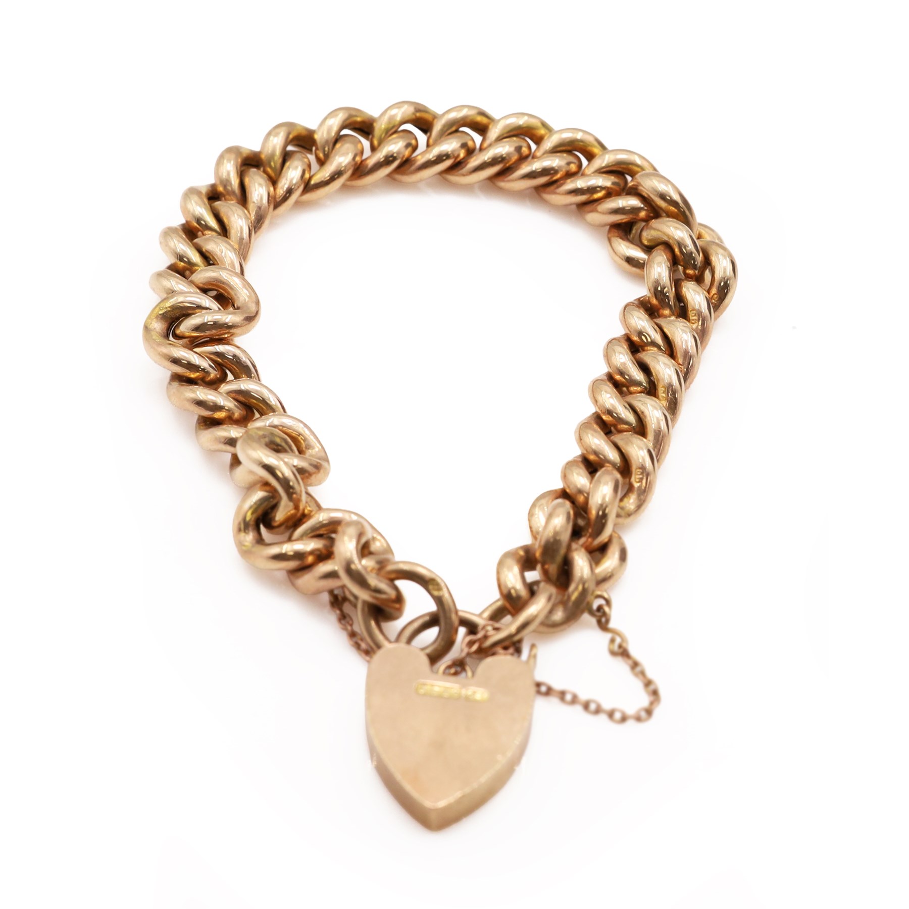 Early 20th century 9ct rose gold curb link bracelet, with heart locket clasp, links stamped