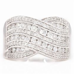 18ct white gold diamond wave design ring, channel and grain set with alternating rows of r...