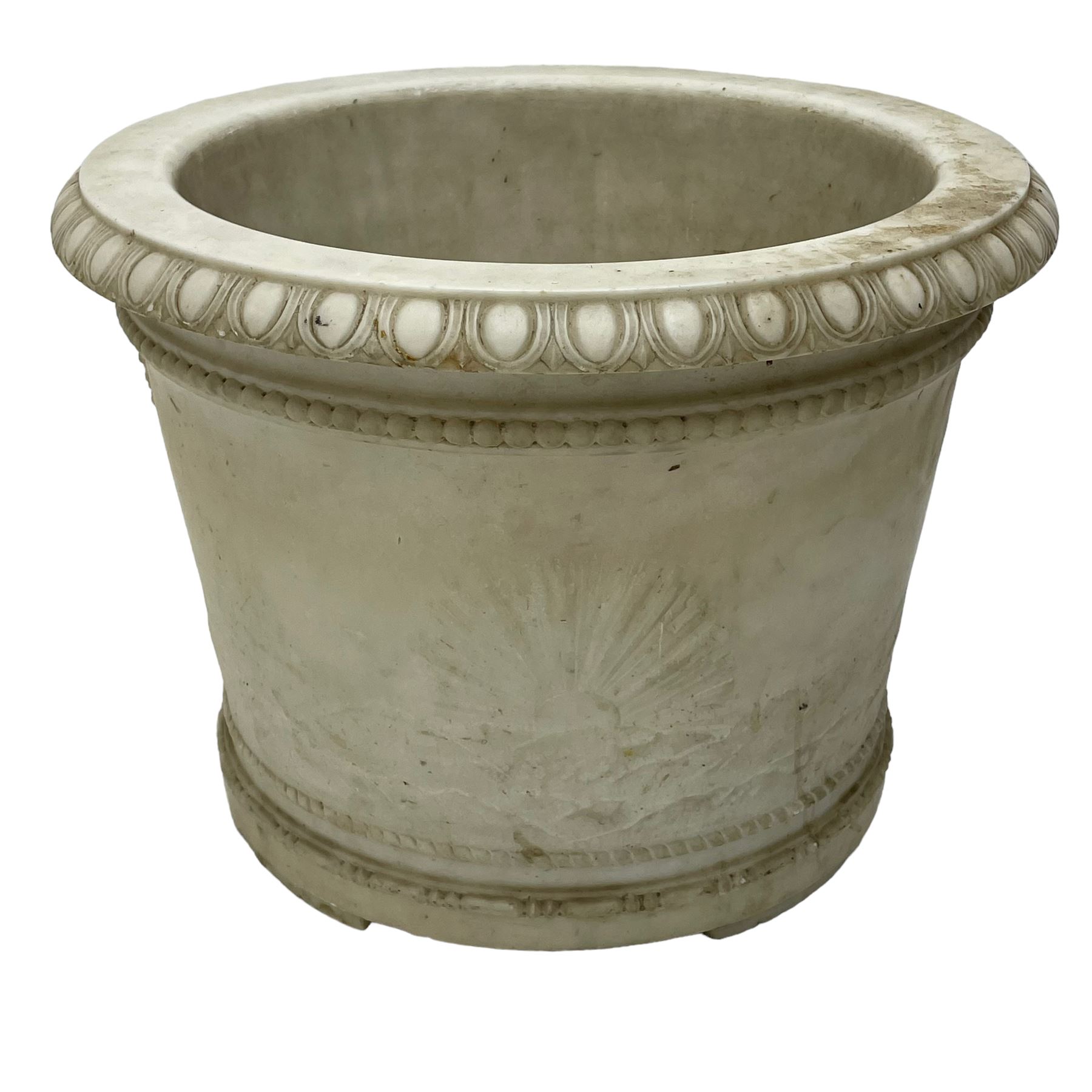 20th century marble planter, of slightly tapering cylindrical form, carved with a Classical frieze of figures and horse drawn chariot amidst clouds and sunburst, H32.5cm D45cm