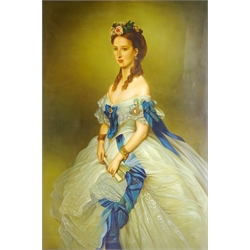  English School (20th century): Portrait of a Victorian Lady in a Ivory Silk Dress with a Blue Sash 118cm x 78cm   