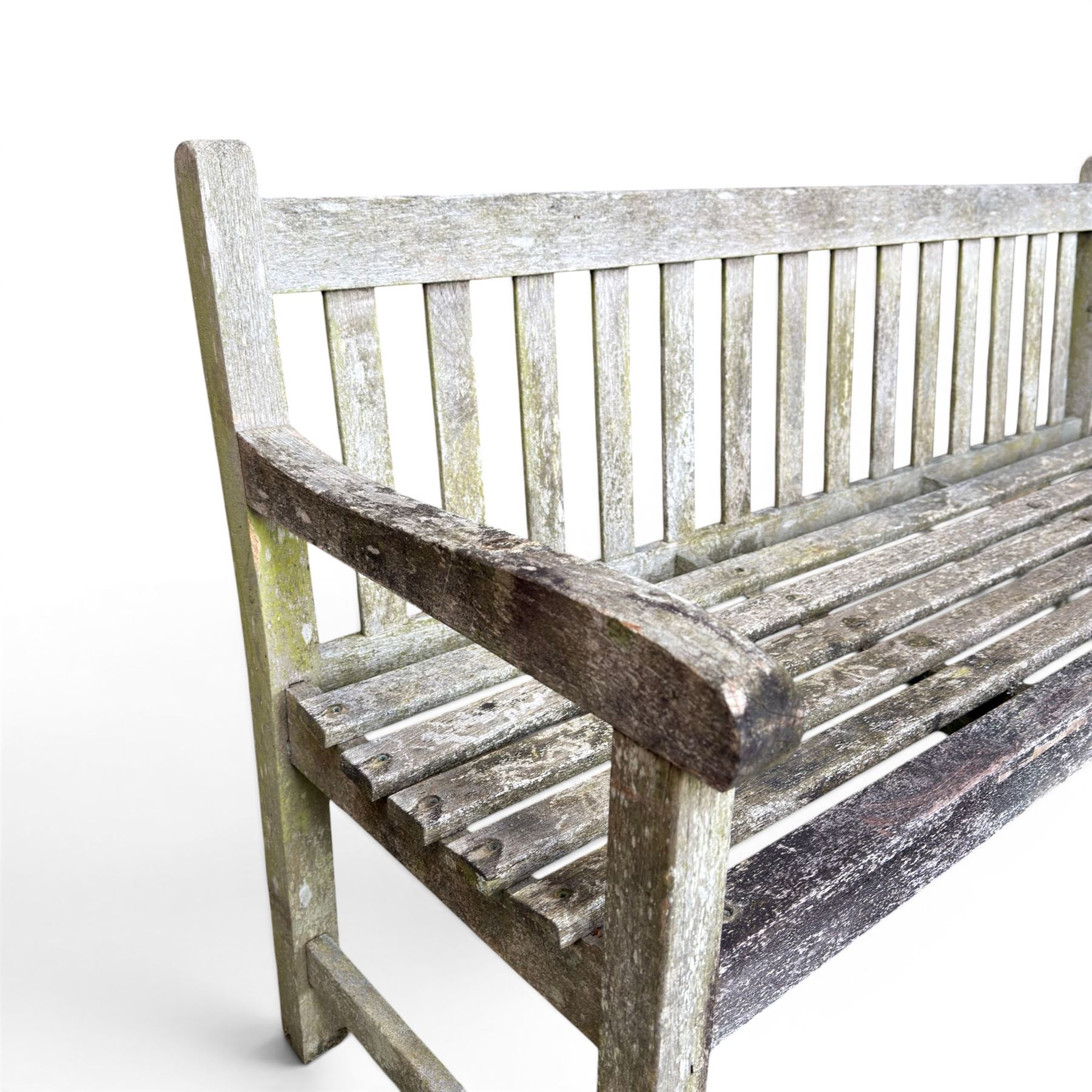 Weathered teak garden bench, slatted seat and back, square form arms and legs