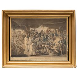 Richard Earlom (British 1743-1822) after Johann Joseph Zoffany (British 1733-1810): 'Colonel Mordaunt's Cock Match - At Lucknow in the Province of Oude in the Year 1786 at which were present several High and Distinguished Personages', hand-coloured mezzotint pub. Laurie & Whittle, London 1794, 46.5cm x 66.5cm 
Notes: an important record of British colonial life depicting a cock fight between Asaf-ud-daula, Nawab Wasir of Oudh, and Colonel John Mordaunt. In the corner of the painting, the artist has portrayed himself with pen in hand, poised to record the coming event. 