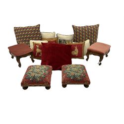 Pair of footstools upholstered in orange tree patterned fabric (35cm x 35cm), pair French style footstools and various cushions  