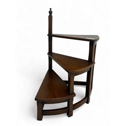 Georgian design set of mahogany library steps, three spiral treads with square chamfered supports surmounted by urn finial