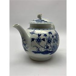 18th Century Worcester teapot, circa 1765-70, decorated in the Bird in the ring pattern, the cover with bud finial, with crescent mark beneath, H13cm, together with a Worcester coffee cup decorated in the same pattern, with crescent mark beneath, H6.5cm