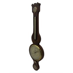 Victorian mahogany cased mercury wheel barometer by A Rizzi, Leeds,c 1860,
with a swan’s neck pediment and round base, long mercury box thermometer, 8” silvered register, hygrometer and level, steel indicating hand and brass recording hand with recording button, mercury present in syphon tube.
