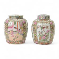 Two Canton famille rose ginger jars and covers, one decorated with birds in blossoming branches, the other with figures in a temple, together with one other jar, H30cm