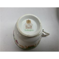 Paragon Rockingham pattern part tea and dinner service including three teapots, milk jug, cups and saucers of various sizes, ten soup bowls, ten side plates, ten dinner plates etc (96)