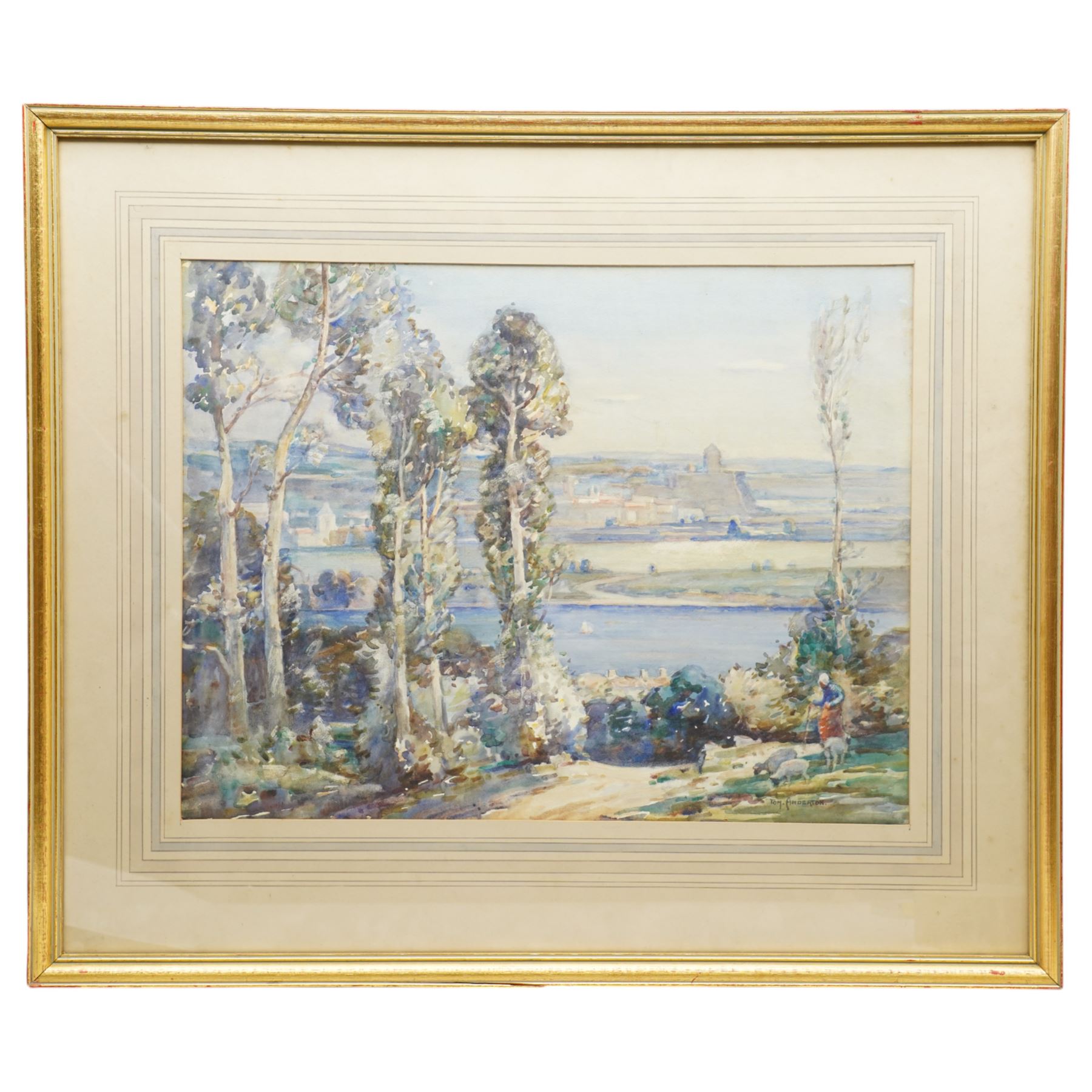 Tom Anderton (British 1894-1956): Shepherd and Sheep on the Riverbank, watercolour signed 43cm x 57cm