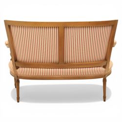 20th century Louis XVI style beech salon suite, comprising settee and four chairs, the settee with shaped rectangular back and upholstered arms over a shaped seat, the chairs with rectangular backs and overstuffed seats, each upholstered in striped fabric with close-nailed borders, upon fluted tapering supports headed by carved paterae, terminating in toupie feet, chairs H89cm W47cm
