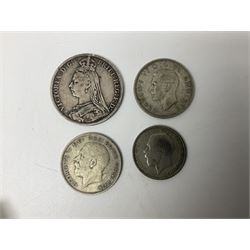 Queen Victoria 1890 crown coin, King George V 1929 half crown, 1922 florin, King George VI 1940 half crown, Bank of England Somerset five pound note 'HW30' and five one pound notes