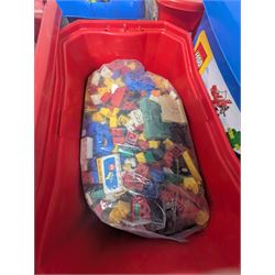 Large collection of loose Lego in six coloured plastic boxes