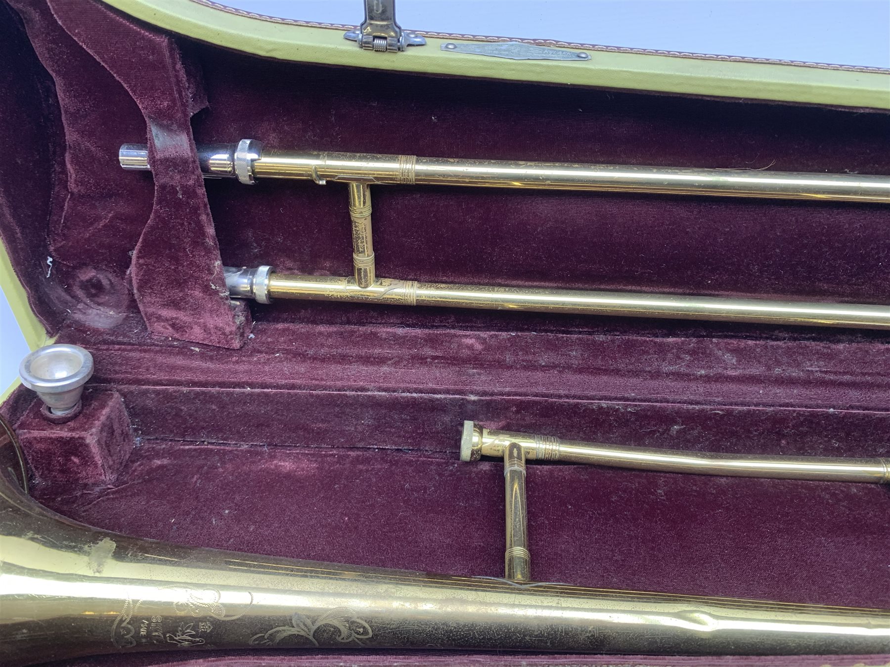 Skylark brass two-piece trombone, in fitted case with mouthpiece