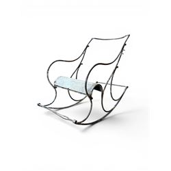 Pair of large unusual 19th century wrought iron garden rocking chairs, simple scroll design, lacking canvas seat