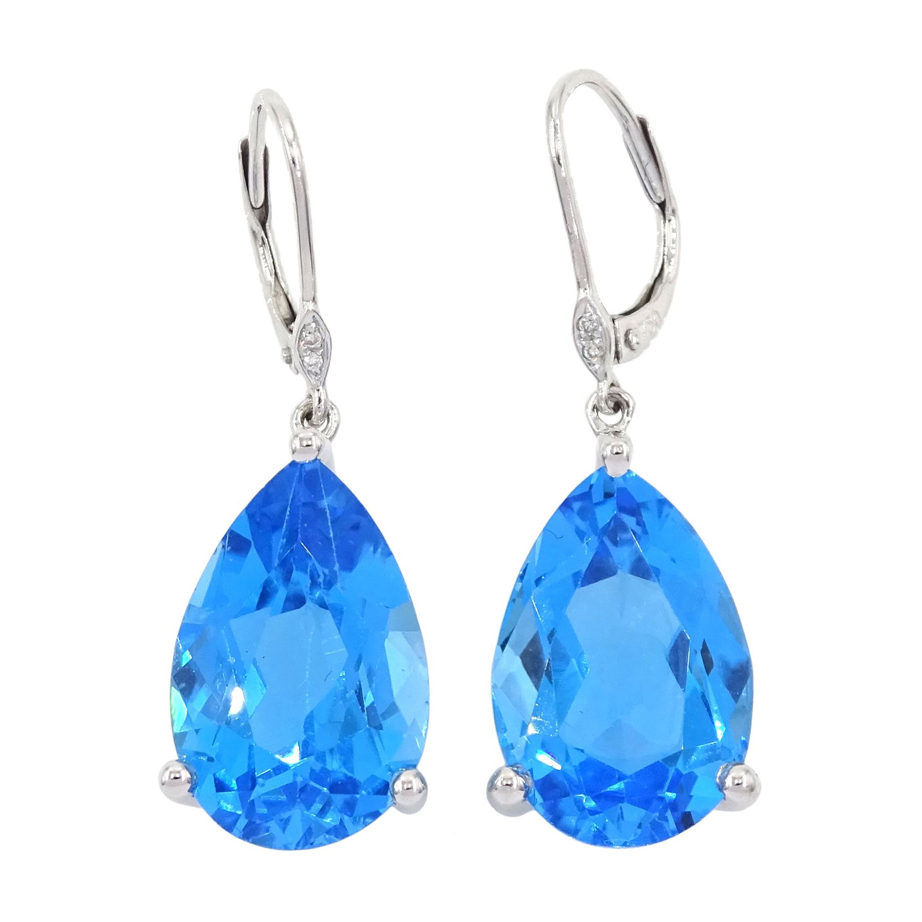 Pair of 18ct white gold Swiss blue topaz and diamond earrings, each pendant set with a single pear cut topaz suspedning from a two stone diaond set bail, stamped 750