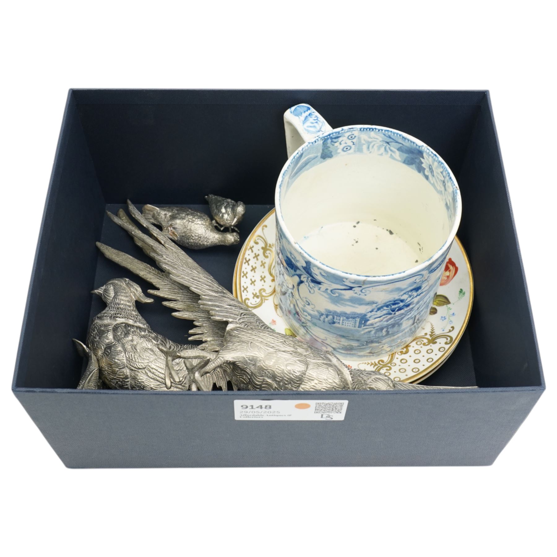 Large Spode mug and two hand painted plates, together with a collection of five silvered animals including a fish, pheasants, grouse etc
