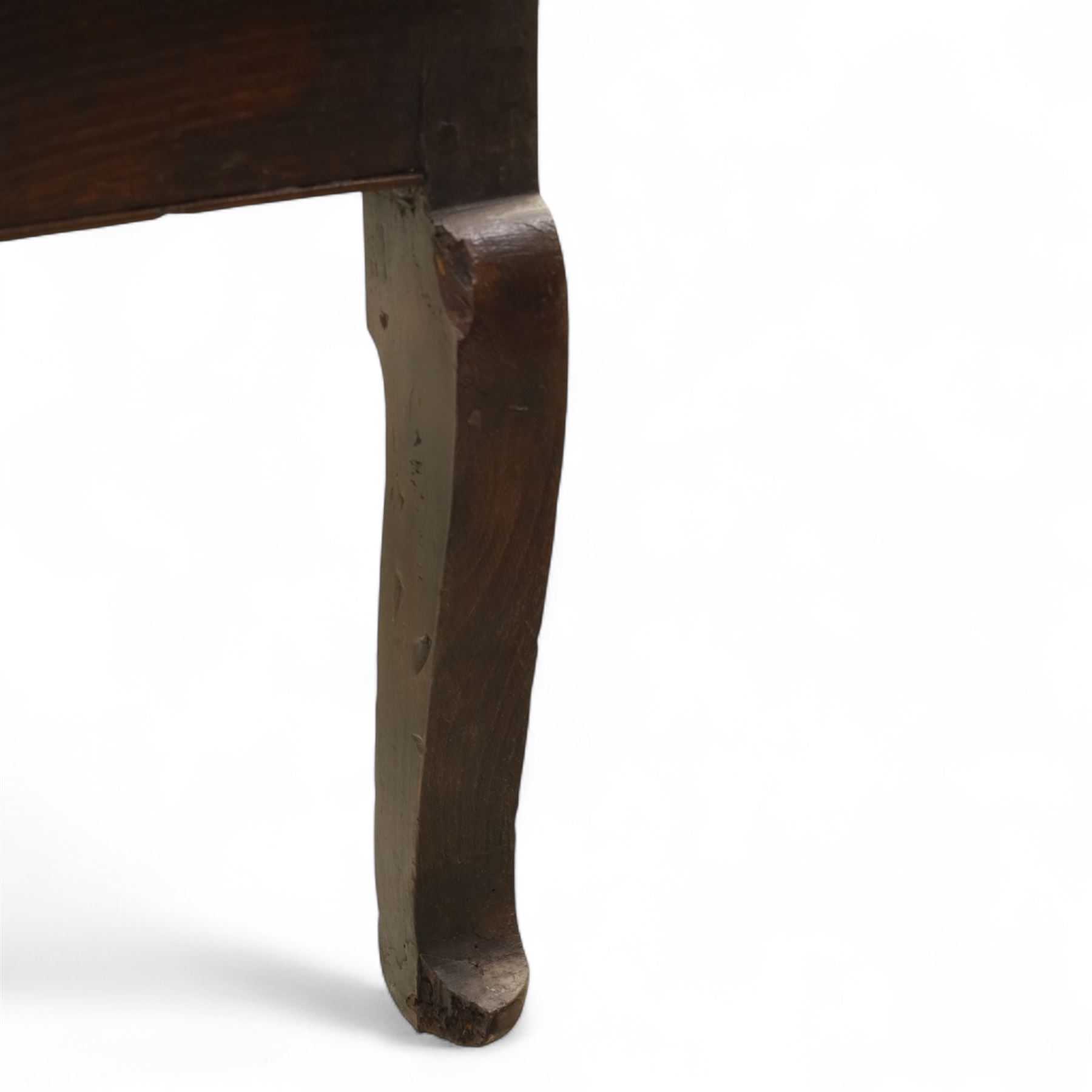 Early 18th century George I oak bureau on original stand, the fall front enclosing an arrangement of correspondence drawers and pigeonholes over central well, fitted with single long drawer below, the shaped apron over cabriole supports with pad feet