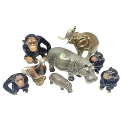 Large Sylvac monkey together with three smaller monkeys, together with Beswick Pigeon no 1383, Melba Ware hippo and baby and Royal Dux elephant 