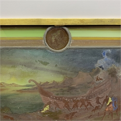 19th century leaded stained glass panel of maritime interest with central painted scene of naked figures launching a long boat hull in a rocky cove, above a Latin motto 'Illi Robur et aes triplex/ Circa pectus erat, qui fragilem truci/ Commisit pelago ratem', with rams heads and caryatids to the corners 41.5 x 50cm including brass frame